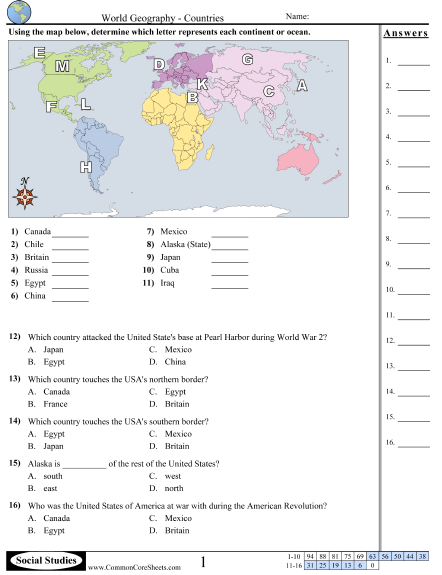 Geography Worksheets - Continents and Oceans worksheet
